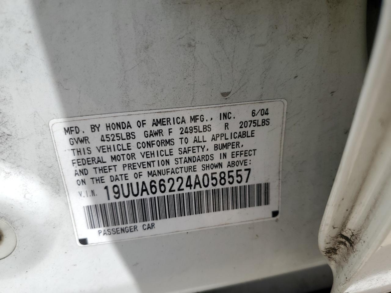 2004 Acura Tl VIN: 19UUA66224A058557 Lot: 62077945