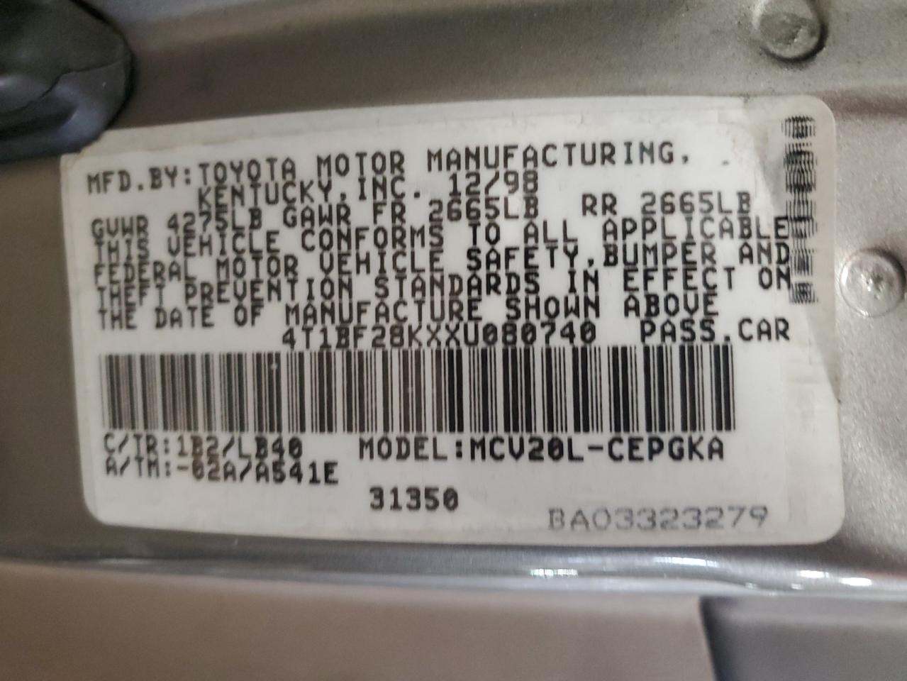 1999 Toyota Camry Le VIN: 4T1BF28KXXU080740 Lot: 60873645