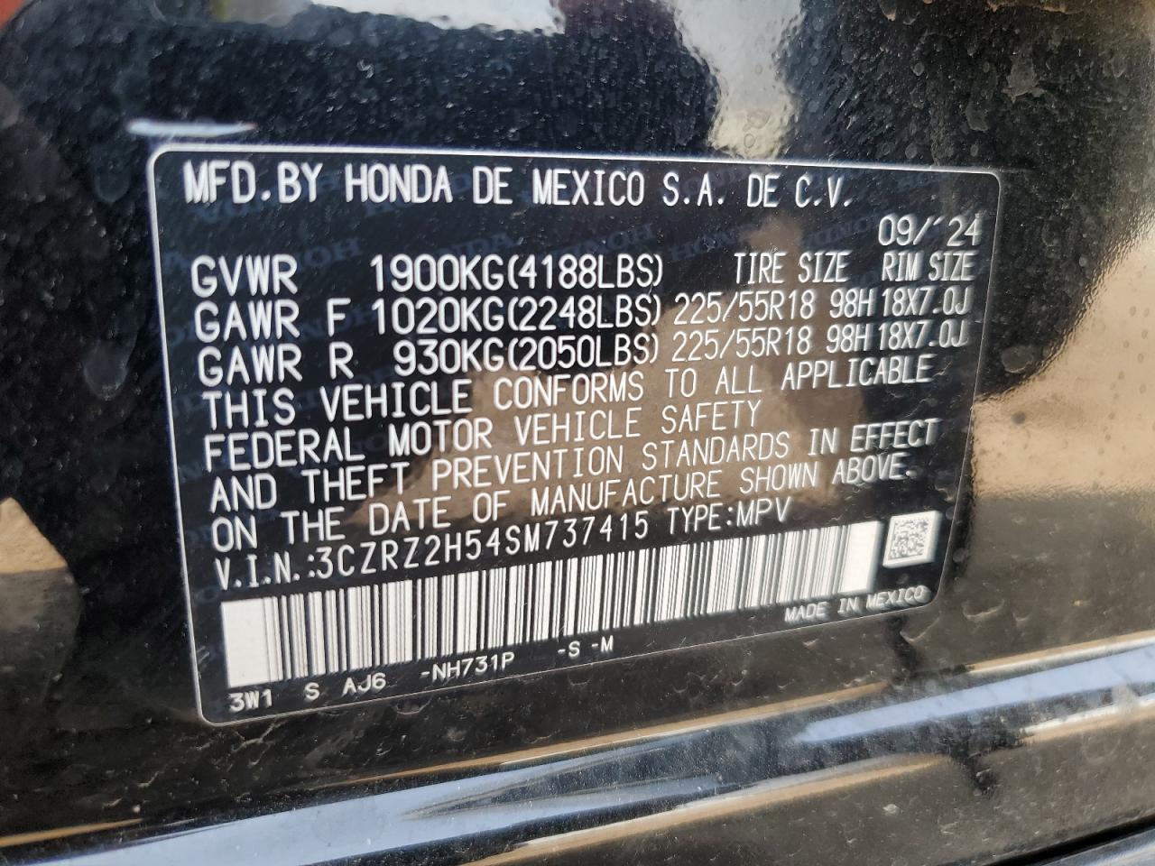 2025 Honda Hr-V Sport VIN: 3CZRZ2H54SM737415 Lot: 92048355