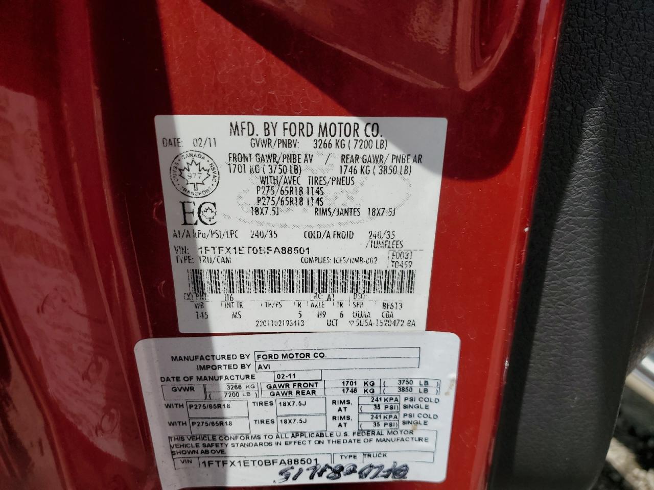 2011 Ford F150 Super Cab VIN: 1FTFX1ET0BFA88501 Lot: 62854085