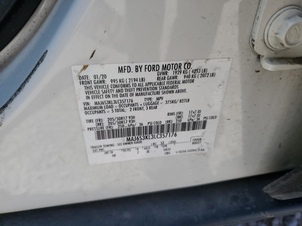 2020 Ford Ecosport Titanium VIN: MAJ6S3KL3LC357176 Lot: 62665535
