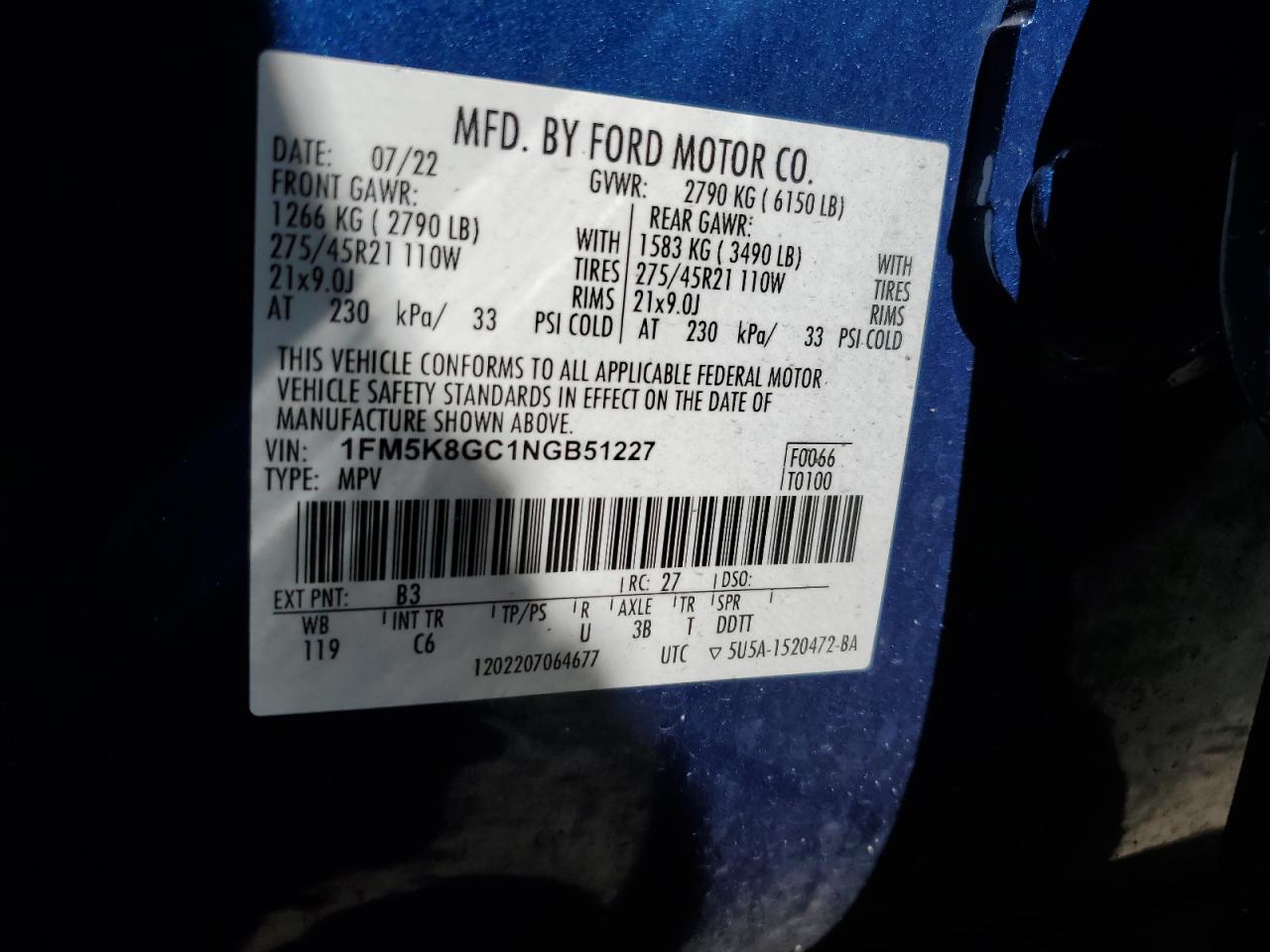 2022 Ford Explorer St VIN: 1FM5K8GC1NGB51227 Lot: 58814905