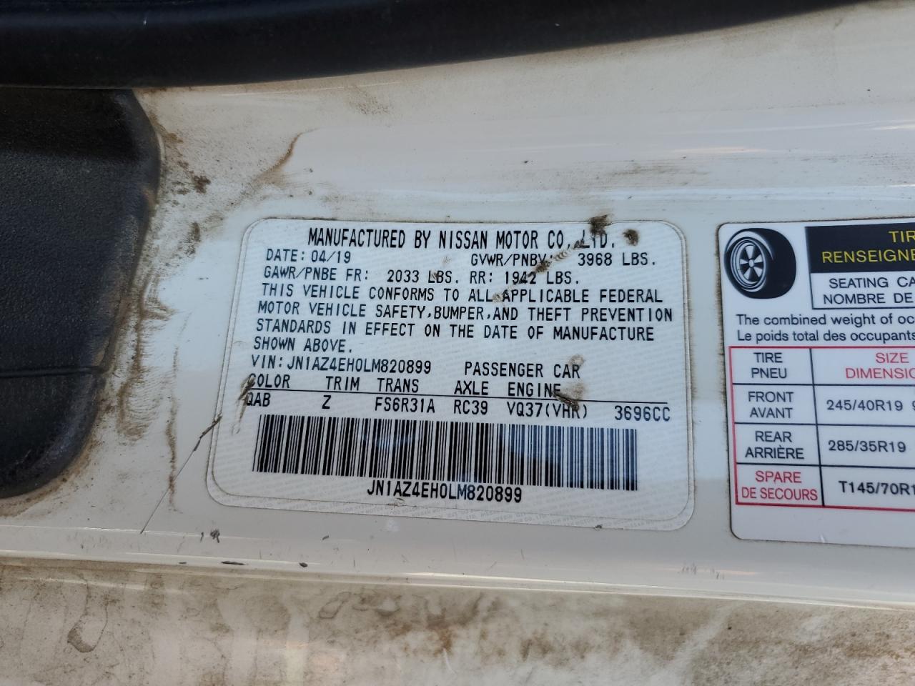 2020 Nissan 370Z Base VIN: JN1AZ4EH0LM820899 Lot: 62421365