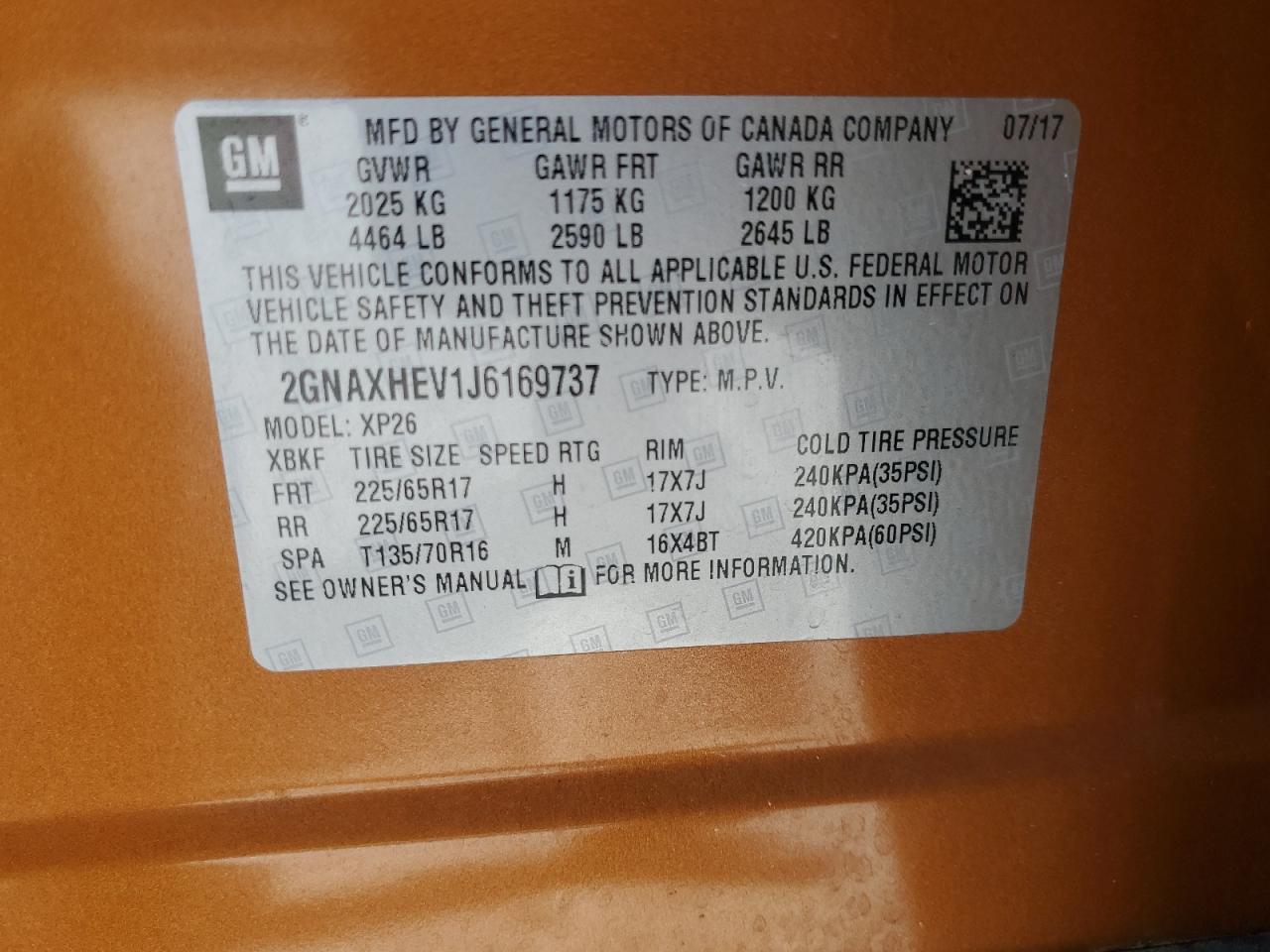 2018 Chevrolet Equinox Ls VIN: 2GNAXHEV1J6169737 Lot: 61727385