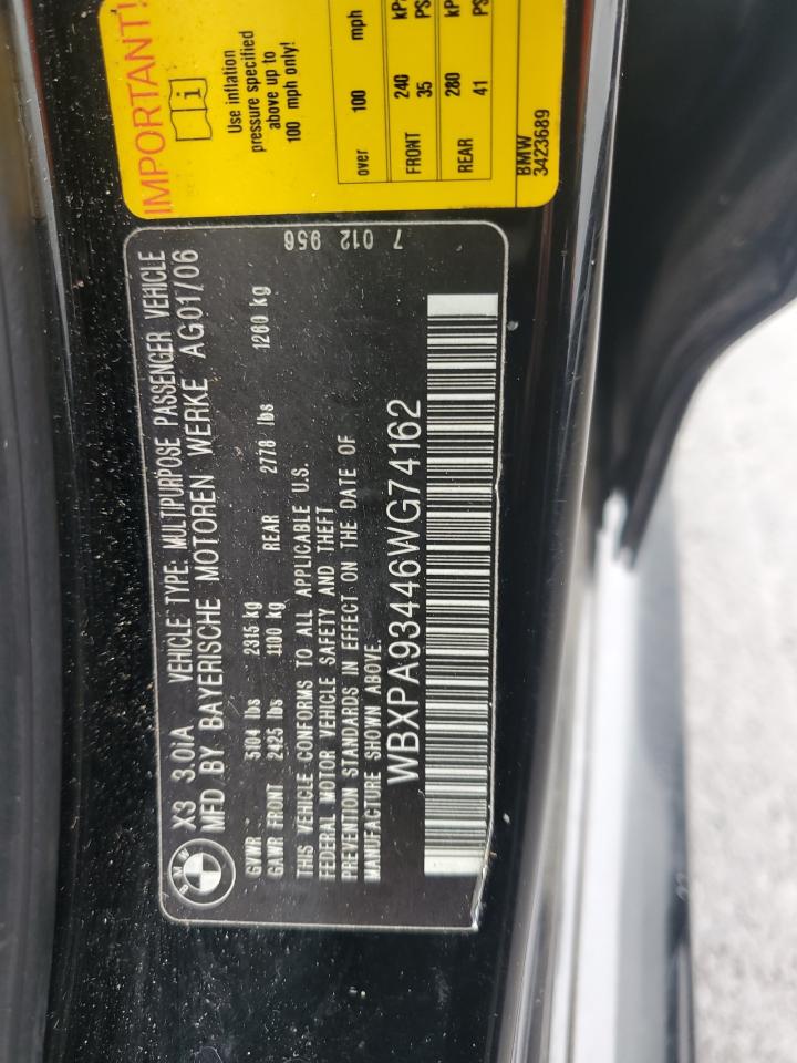 2006 BMW X3 3.0I VIN: WBXPA93446WG74162 Lot: 61207075