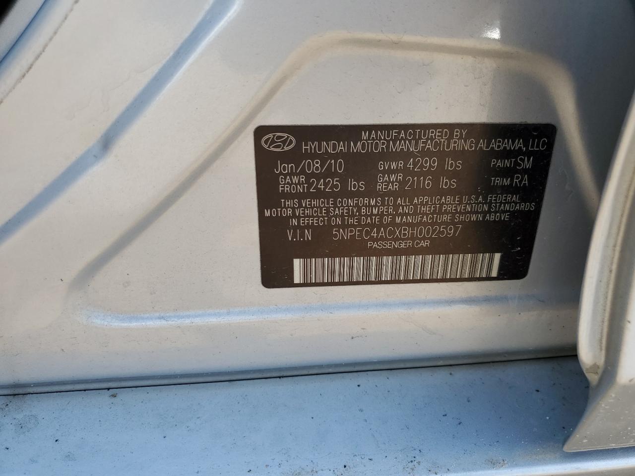 2011 Hyundai Sonata Se VIN: 5NPEC4ACXBH002597 Lot: 62413985