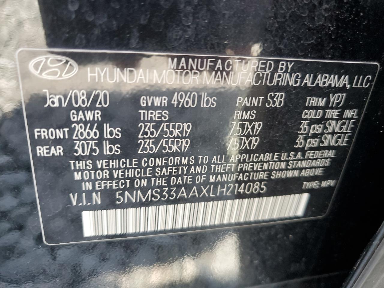 2020 Hyundai Santa Fe Sel VIN: 5NMS33AAXLH214085 Lot: 60151115