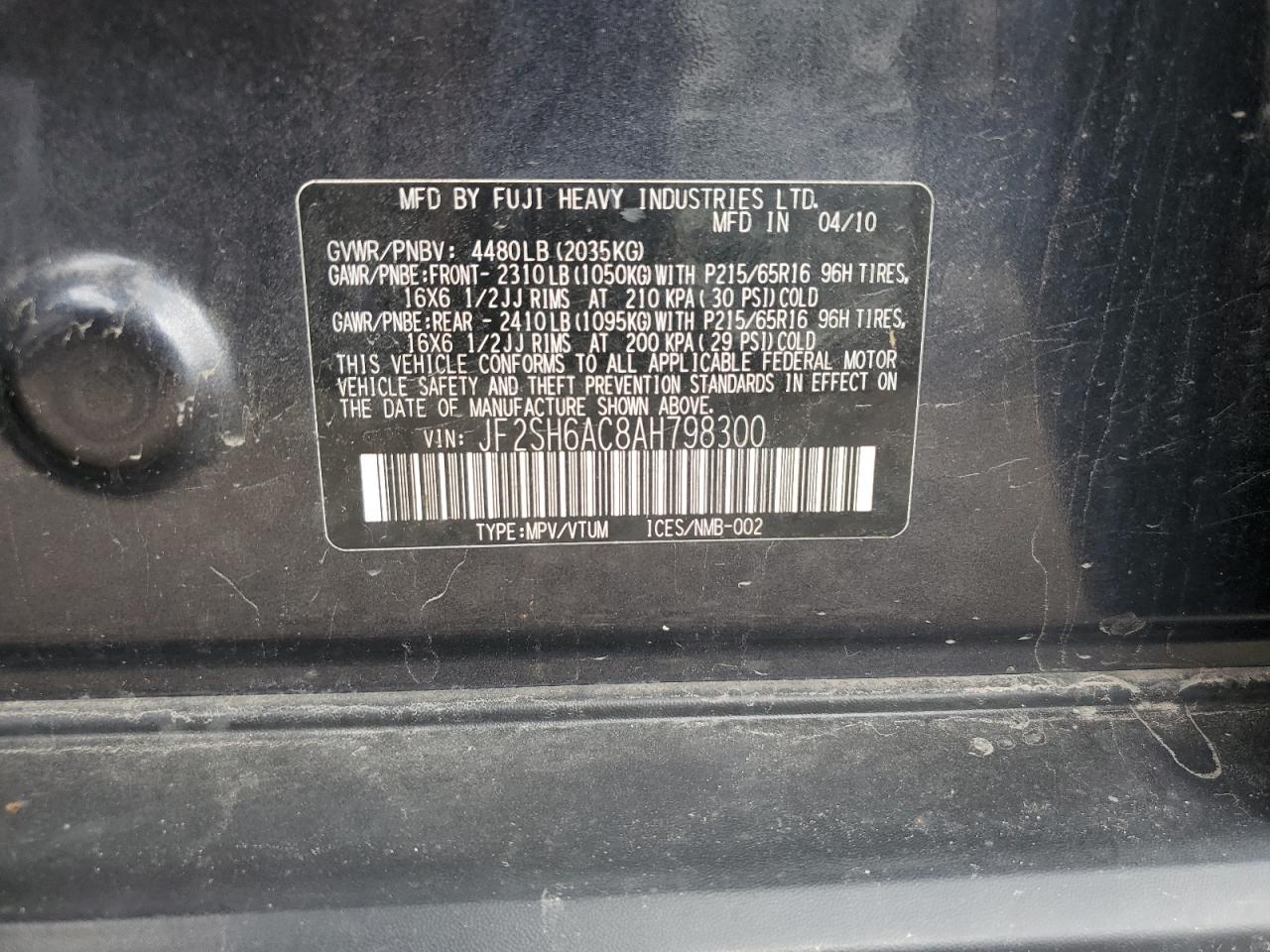 2010 Subaru Forester 2.5X VIN: JF2SH6AC8AH798300 Lot: 62081995