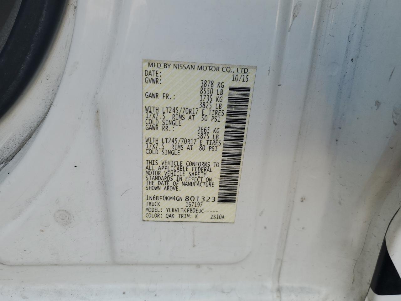 2016 Nissan Nv 1500 S VIN: 1N6BF0KM4GN801323 Lot: 59531745