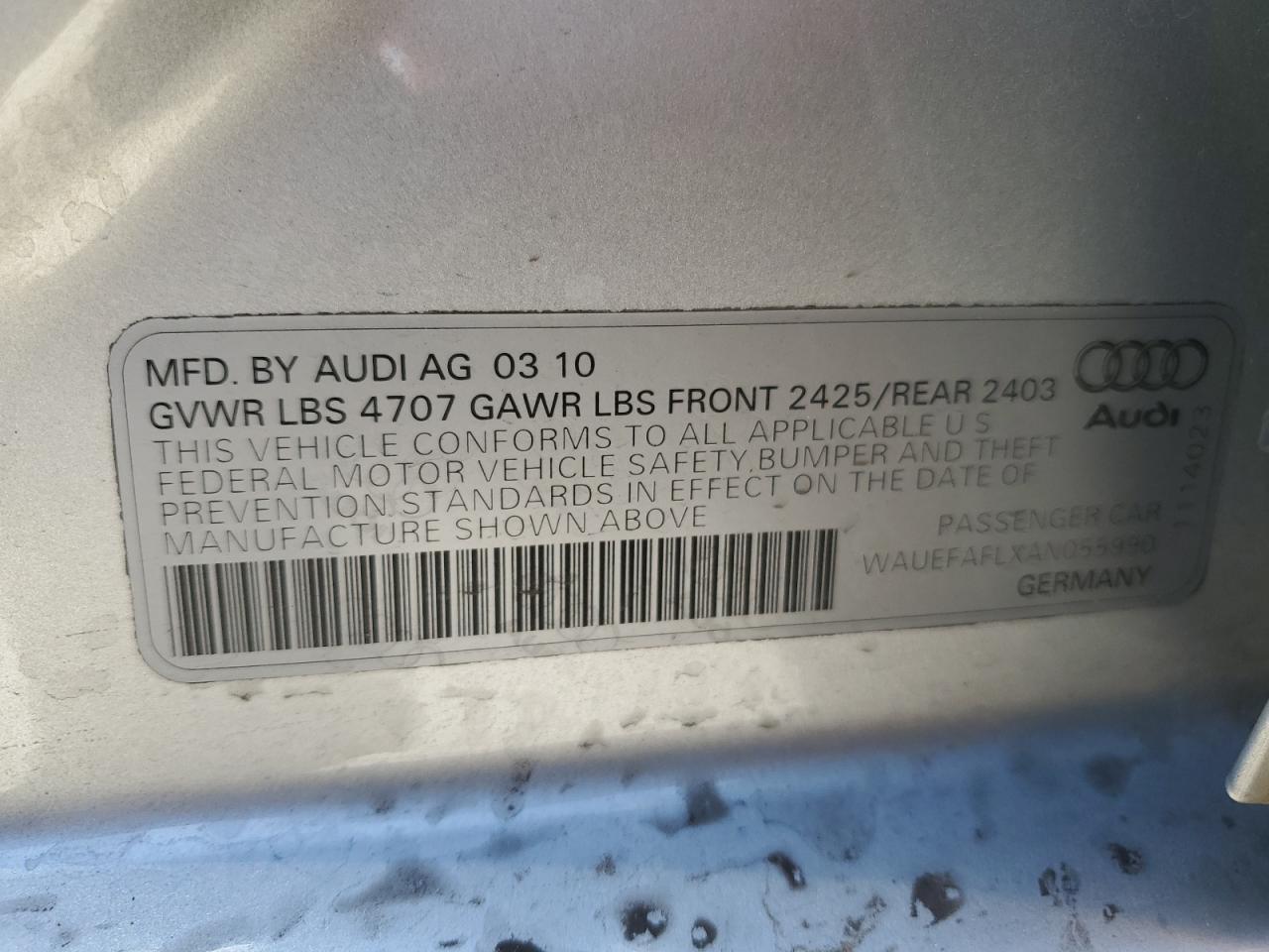2010 Audi A4 Premium Plus VIN: WAUEFAFLXAN055990 Lot: 61876245