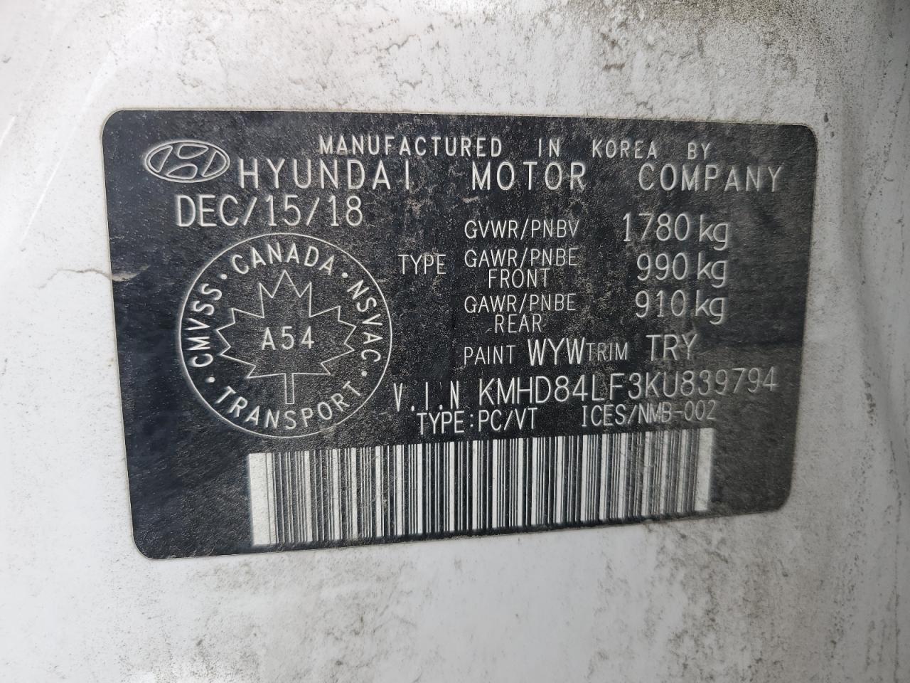 2019 Hyundai Elantra Sel VIN: KMHD84LF3KU839794 Lot: 61145005