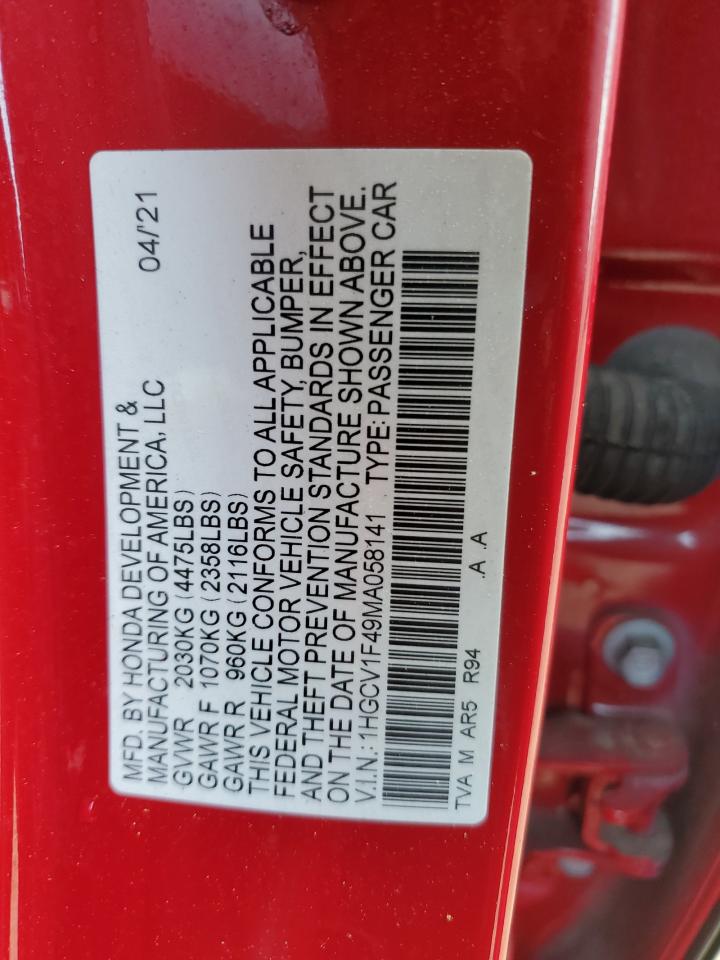 2021 Honda Accord Sport Se VIN: 1HGCV1F49MA058141 Lot: 60361395