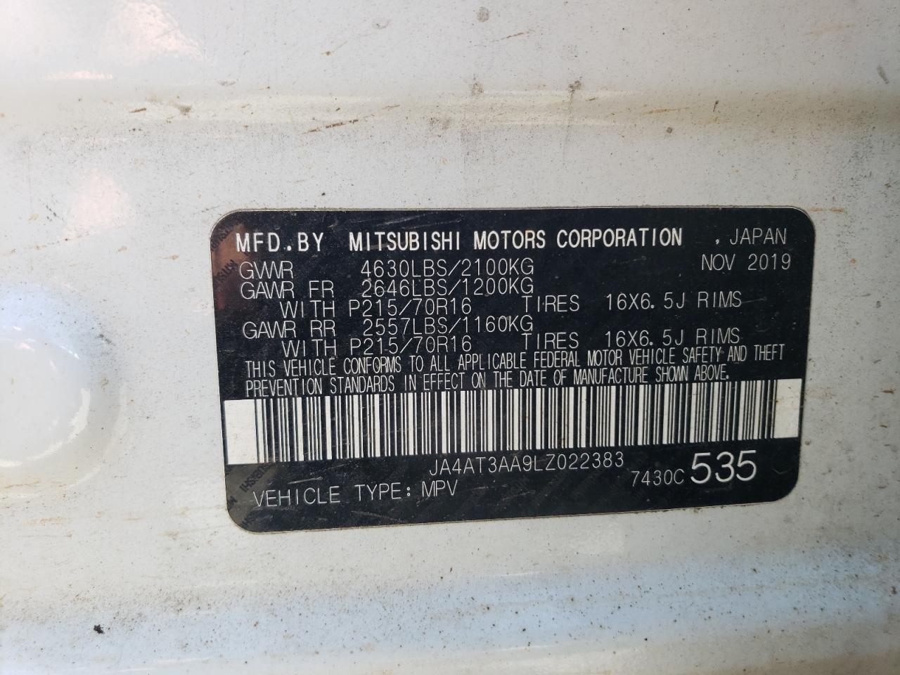 2020 Mitsubishi Eclipse Cross Es VIN: JA4AT3AA9LZ022383 Lot: 61653955