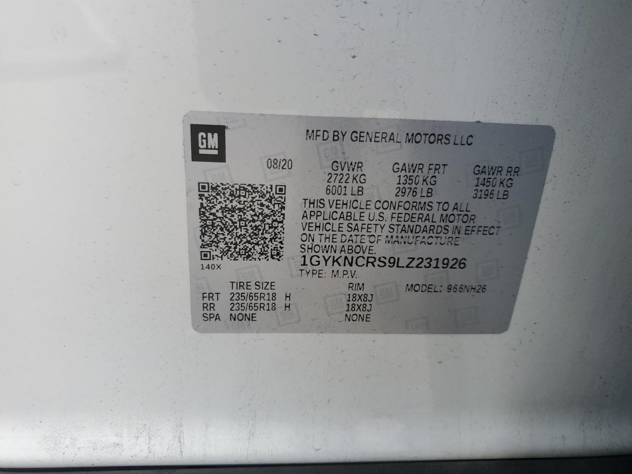 2020 Cadillac Xt5 Premium Luxury VIN: 1GYKNCRS9LZ231926 Lot: 62048555