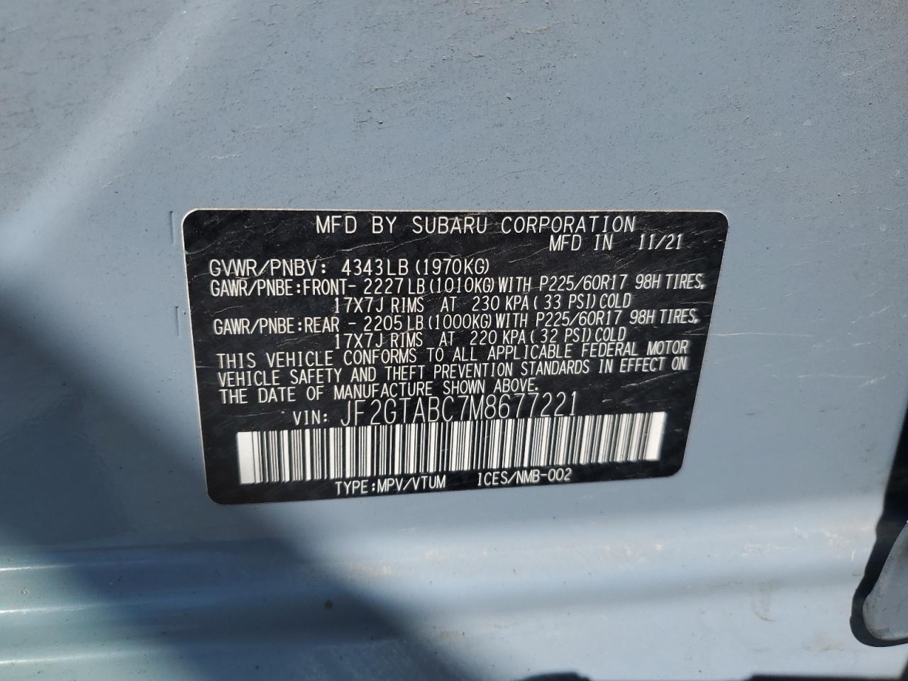2021 Subaru Crosstrek VIN: JF2GTABC7M8677221 Lot: 62214975
