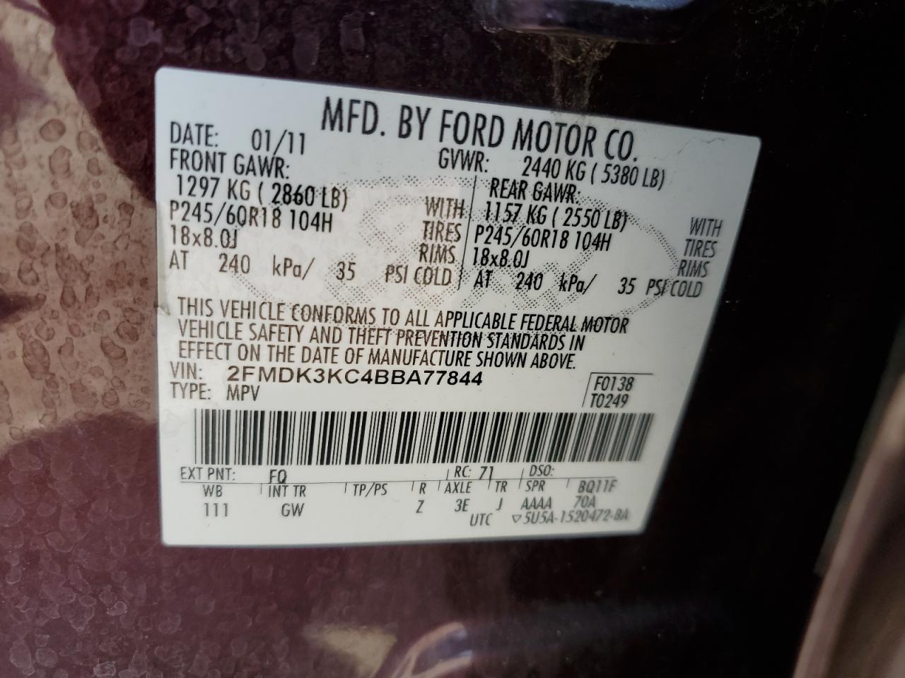 FORD EDGE 2011 VIN 2FMDK3KC4BBA77844 фото 14