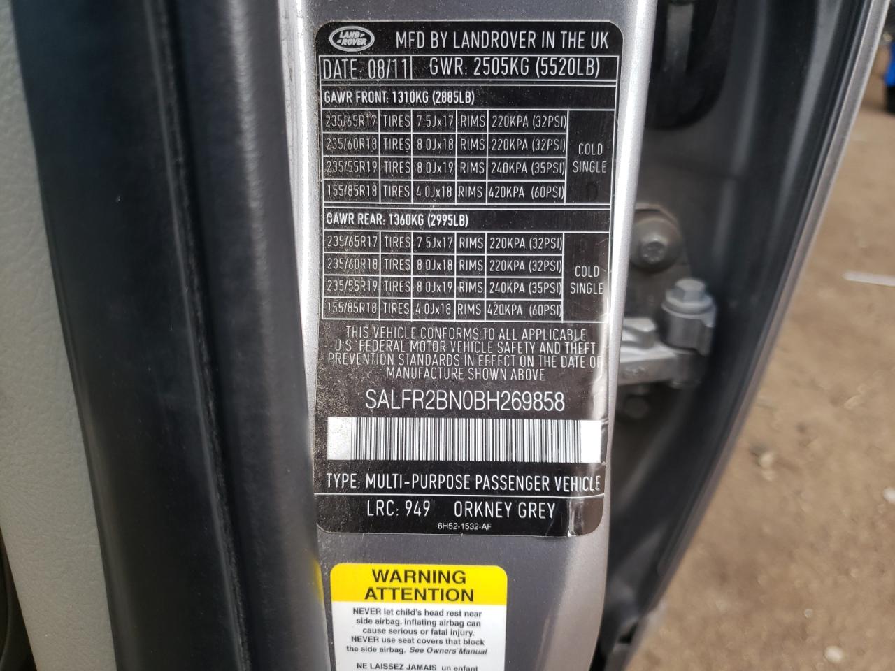 2011 Land Rover Lr2 Hse VIN: SALFR2BN0BH269858 Lot: 60857575