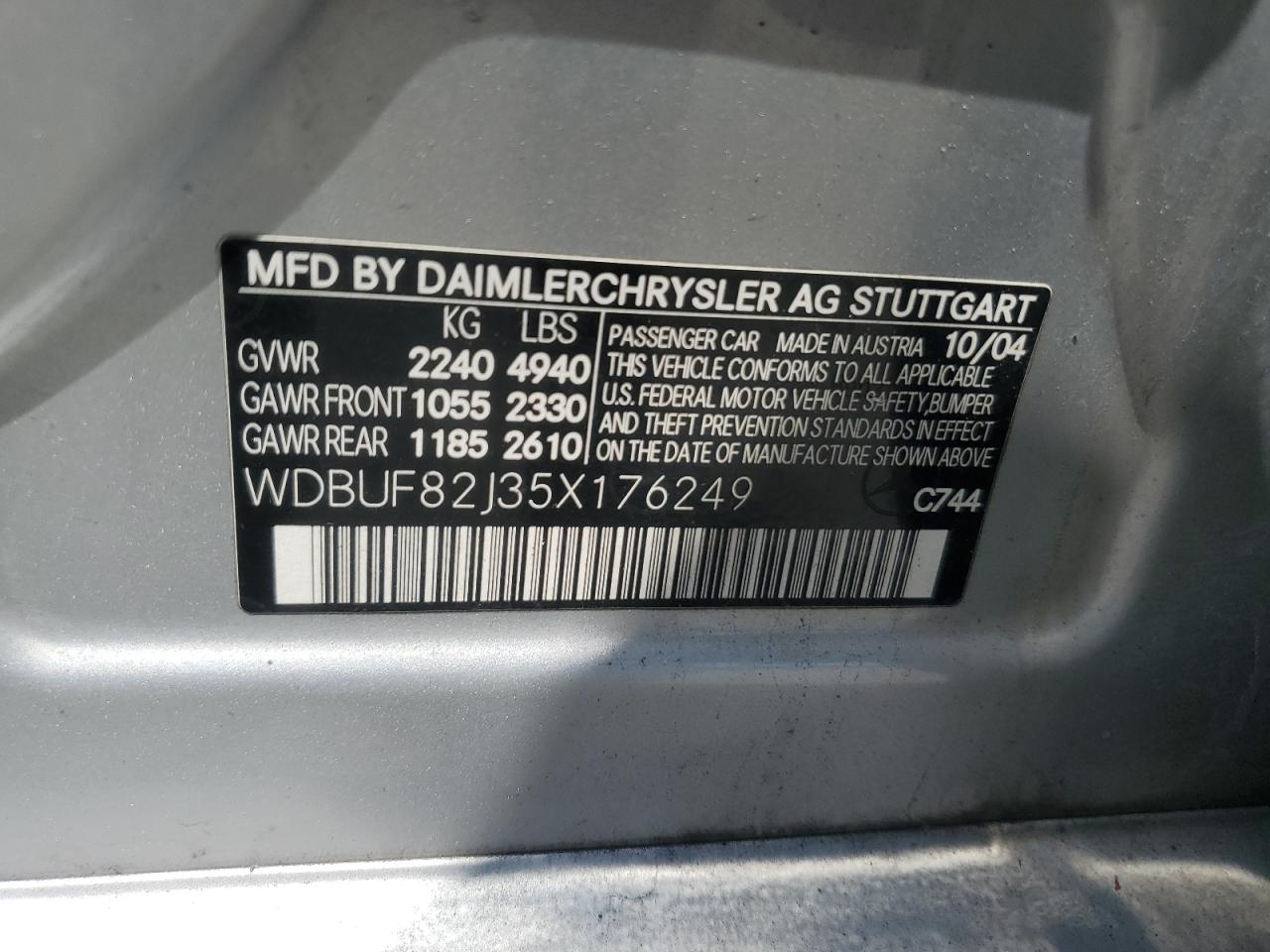 2005 Mercedes-Benz E 320 4Matic VIN: WDBUF82J35X176249 Lot: 61540465