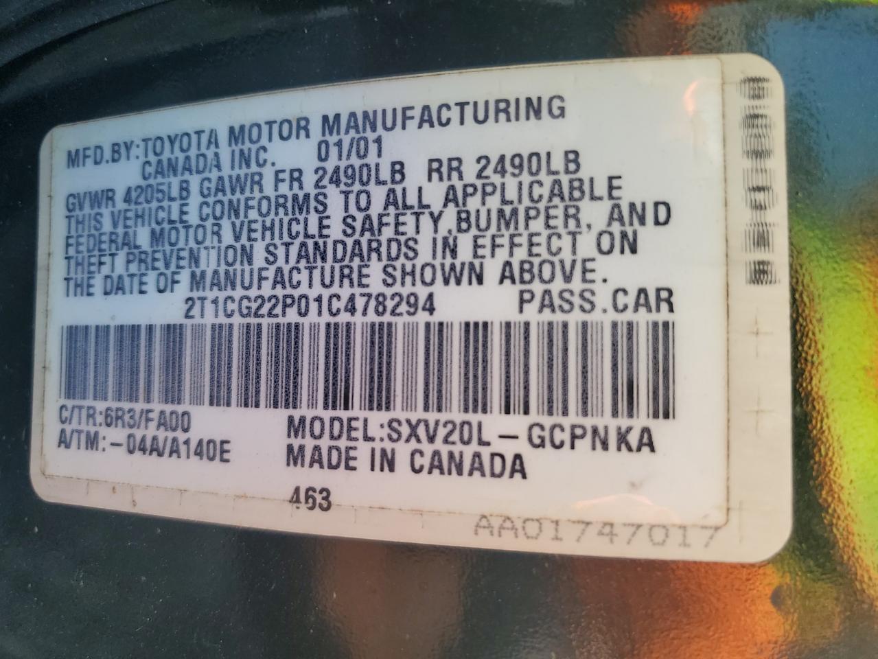 2001 Toyota Camry Solara Se VIN: 2T1CG22P01C478294 Lot: 62138445