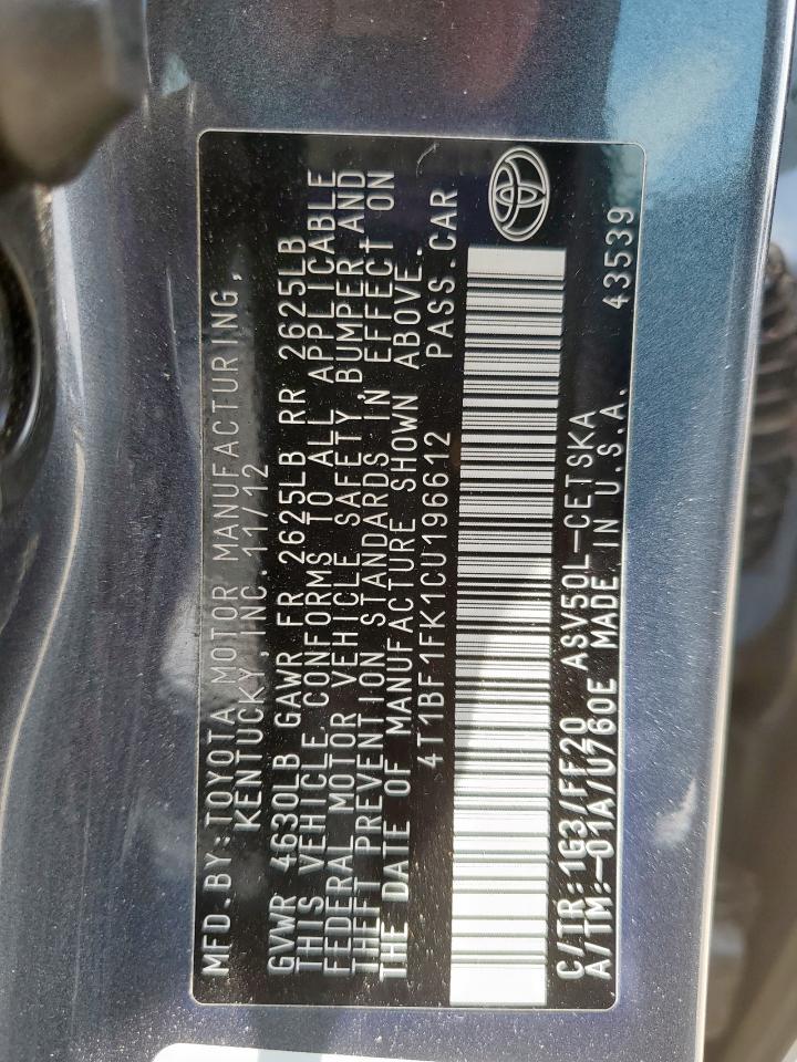 2012 Toyota Camry Base VIN: 4T1BF1FK1CU196612 Lot: 59163695