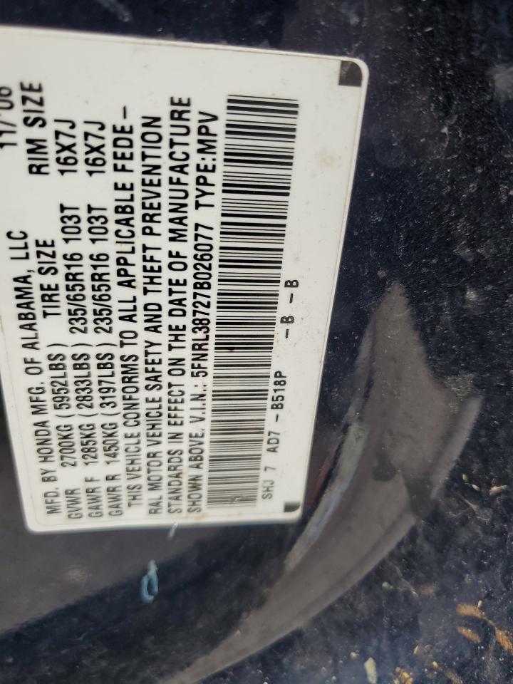 2007 Honda Odyssey Exl VIN: 5FNRL38727B026077 Lot: 62020375