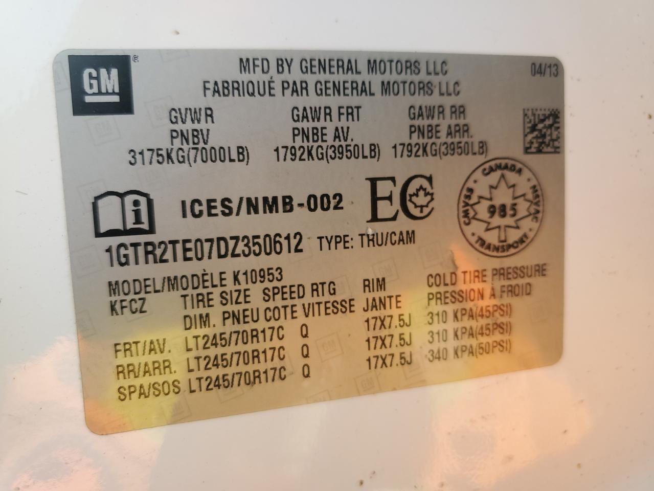 2013 GMC Sierra K1500 VIN: 1GTR2TE07DZ350612 Lot: 60475305