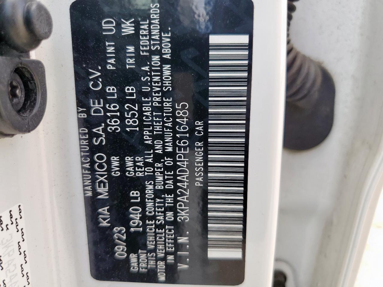 2023 Kia Rio Lx VIN: 3KPA24AD4PE616485 Lot: 62768925