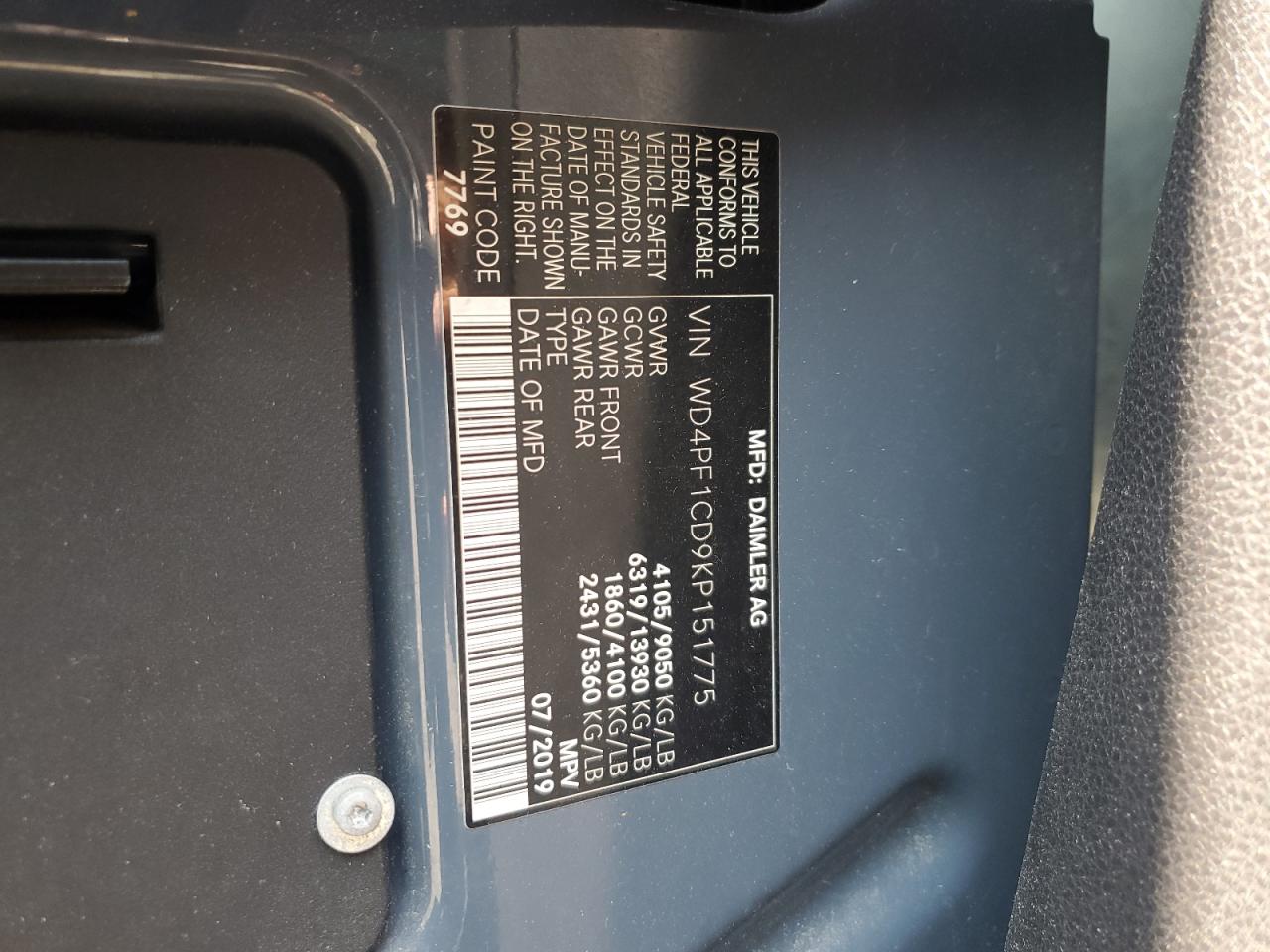 2019 Mercedes-Benz Sprinter 2500/3500 VIN: WD4PF1CD9KP151775 Lot: 60393745
