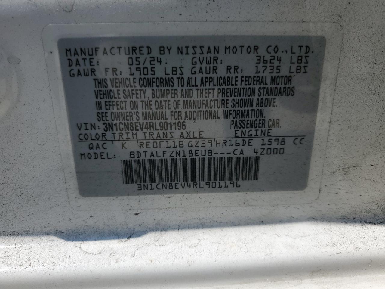 2024 Nissan Versa Sv VIN: 3N1CN8EV4RL901196 Lot: 62469325