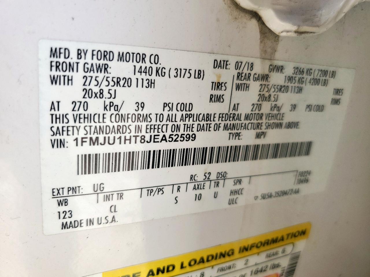 2018 Ford Expedition Xlt VIN: 1FMJU1HT8JEA52599 Lot: 60803995