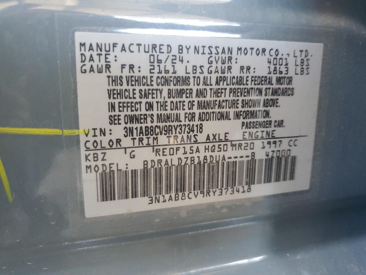 2024 Nissan Sentra Sv VIN: 3N1AB8CV9RY373418 Lot: 61962895