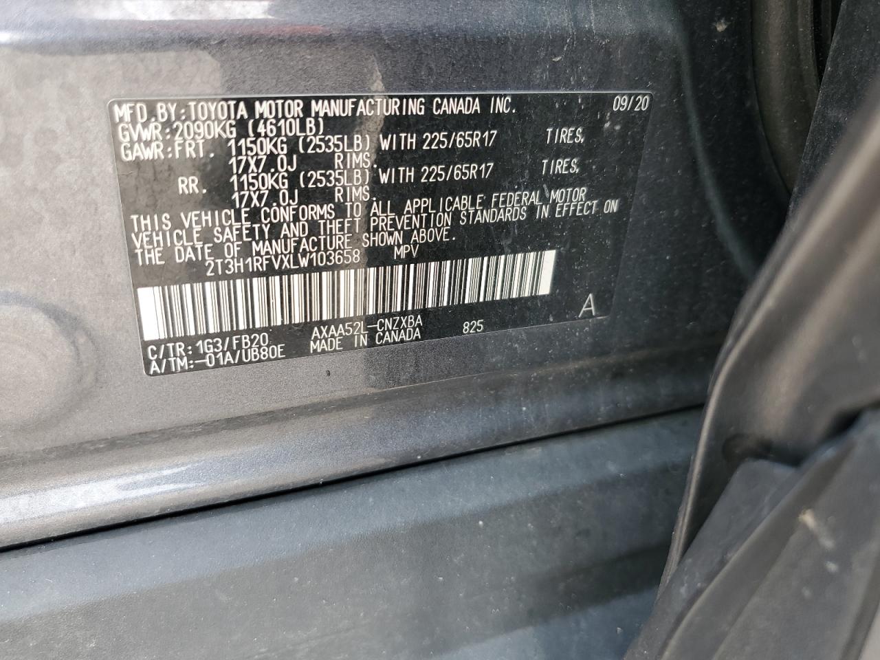 2020 Toyota Rav4 Le VIN: 2T3H1RFVXLW103658 Lot: 61659415