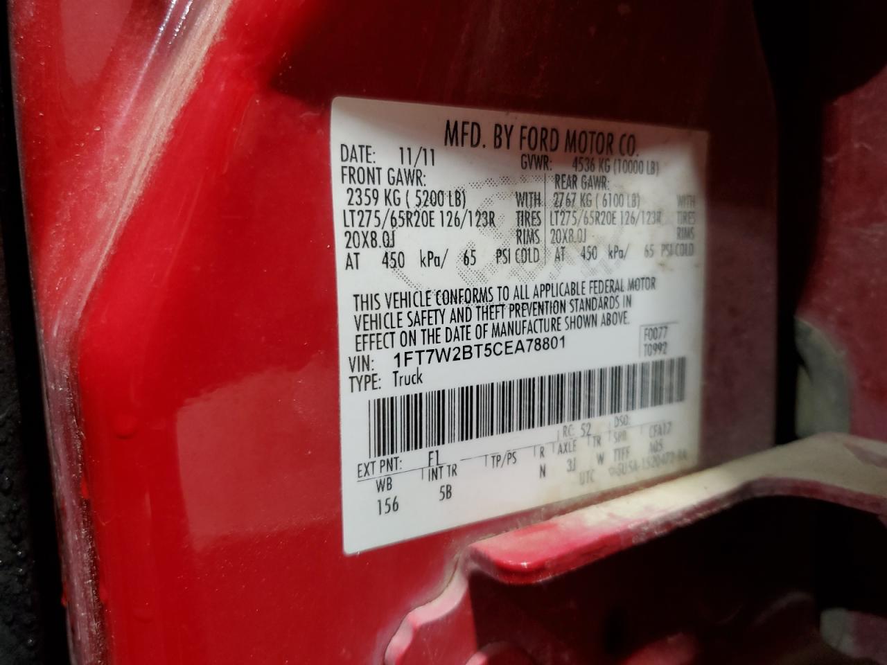 2012 Ford F250 Super Duty VIN: 1FT7W2BT5CEA78801 Lot: 59311735