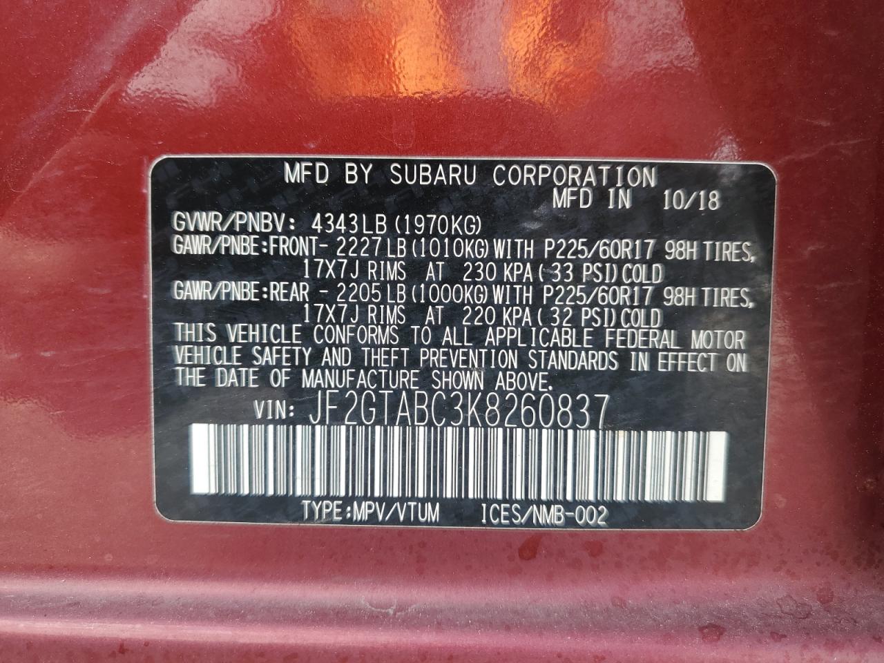 2019 Subaru Crosstrek VIN: JF2GTABC3K8260837 Lot: 62566975