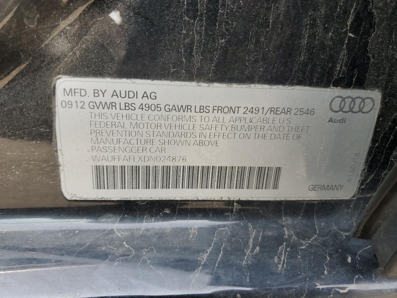 2013 Audi A4 Premium Plus VIN: WAUFFAFLXDN024876 Lot: 60116235