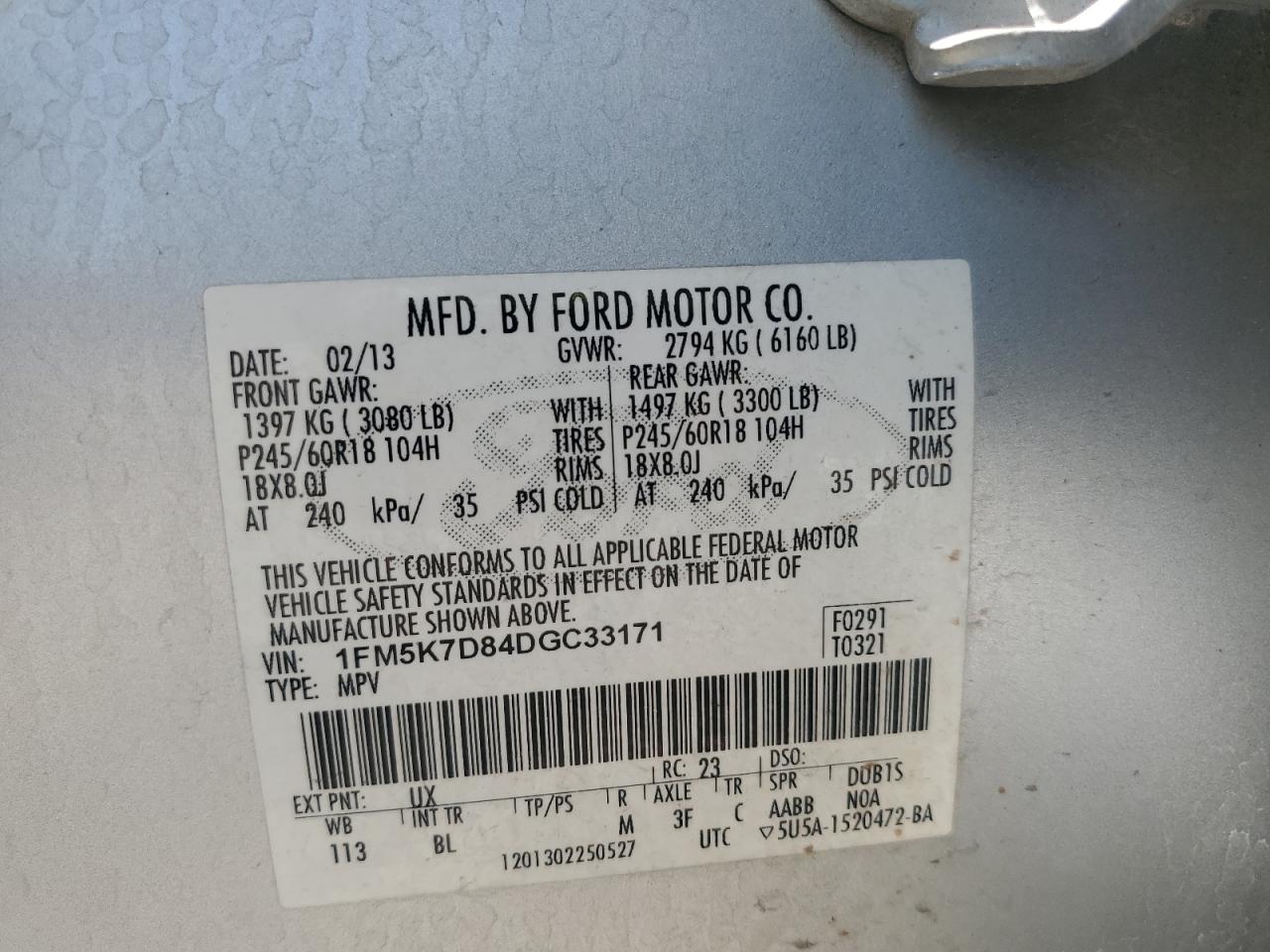 2013 Ford Explorer Xlt VIN: 1FM5K7D84DGC33171 Lot: 61846585