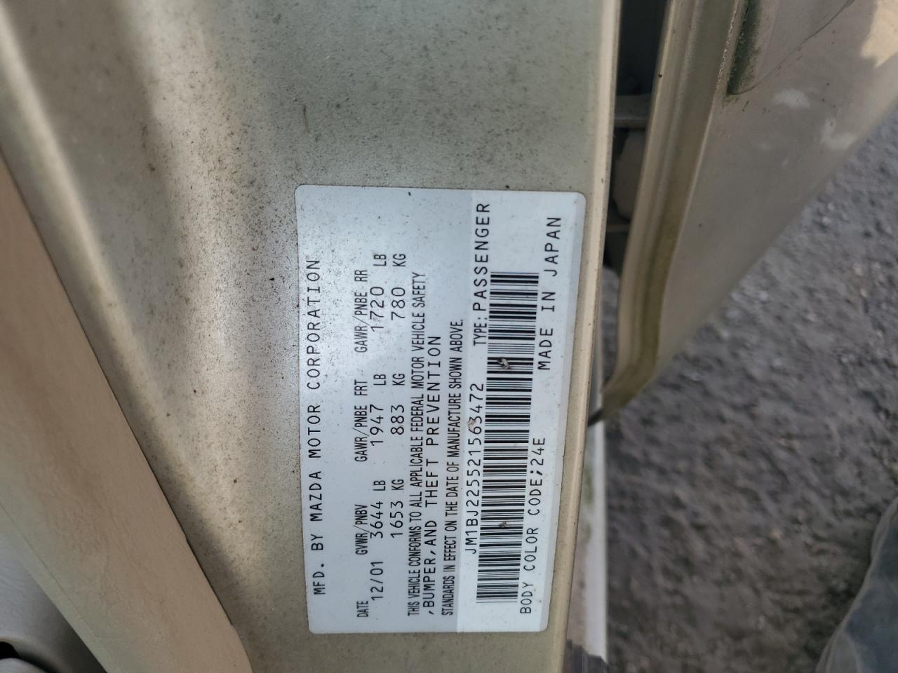 2002 Mazda Protege Dx VIN: JM1BJ225521563472 Lot: 60434555