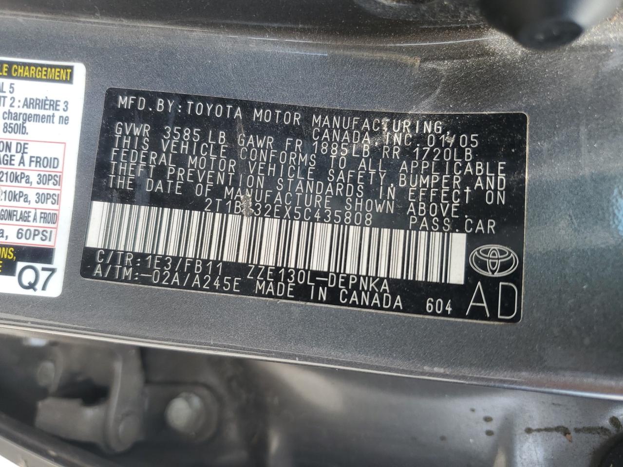 2005 Toyota Corolla Ce VIN: 2T1BR32EX5C435808 Lot: 62992995