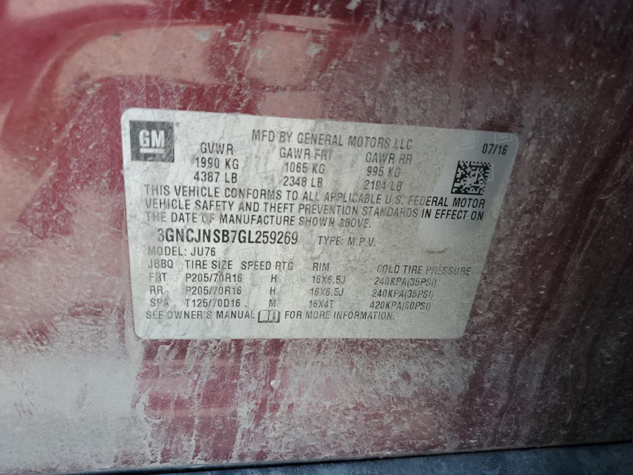 2016 Chevrolet Trax Ls VIN: 3GNCJNSB7GL259269 Lot: 61935845