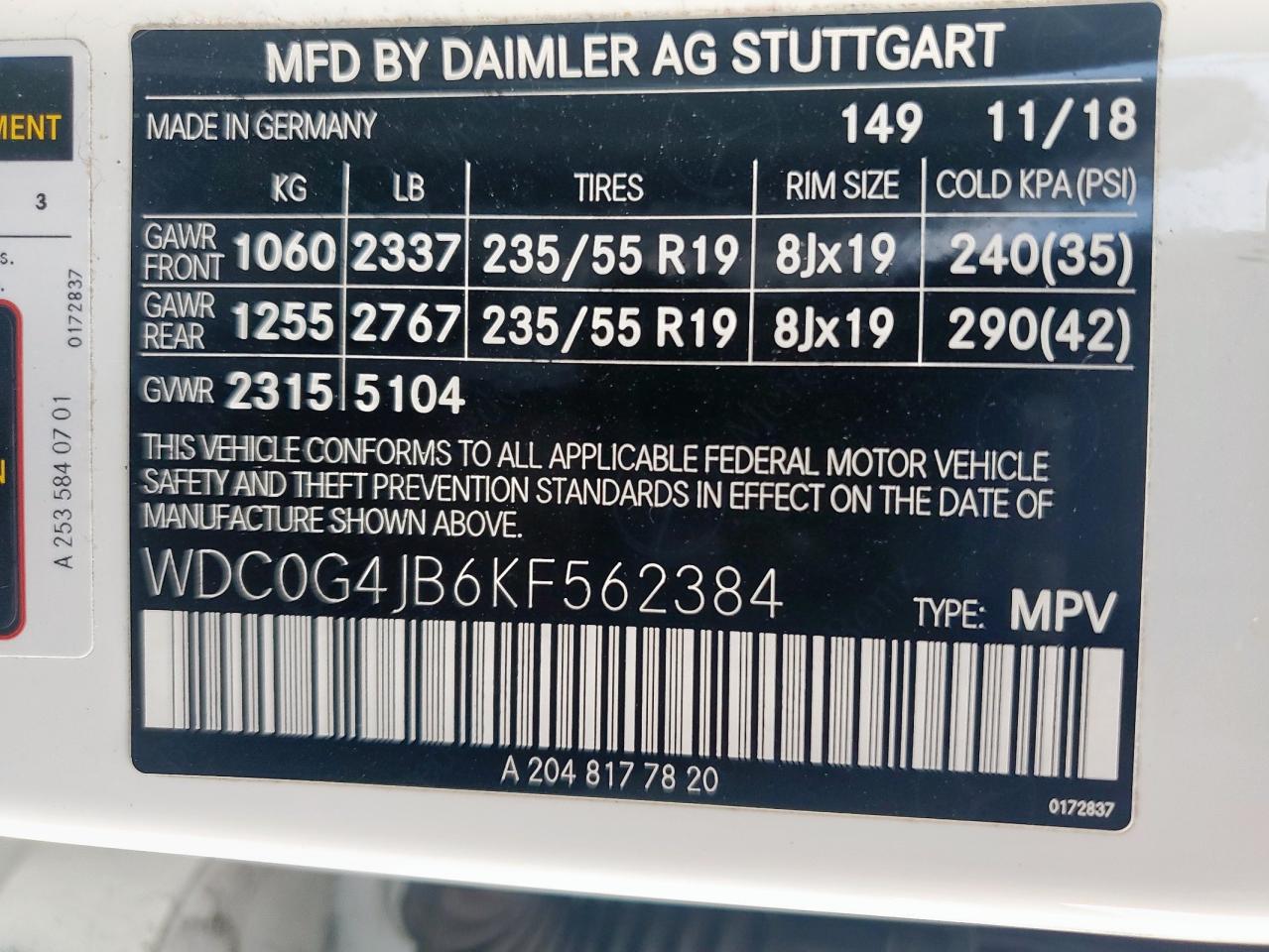 2019 Mercedes-Benz Glc 300 VIN: WDC0G4JB6KF562384 Lot: 60738605