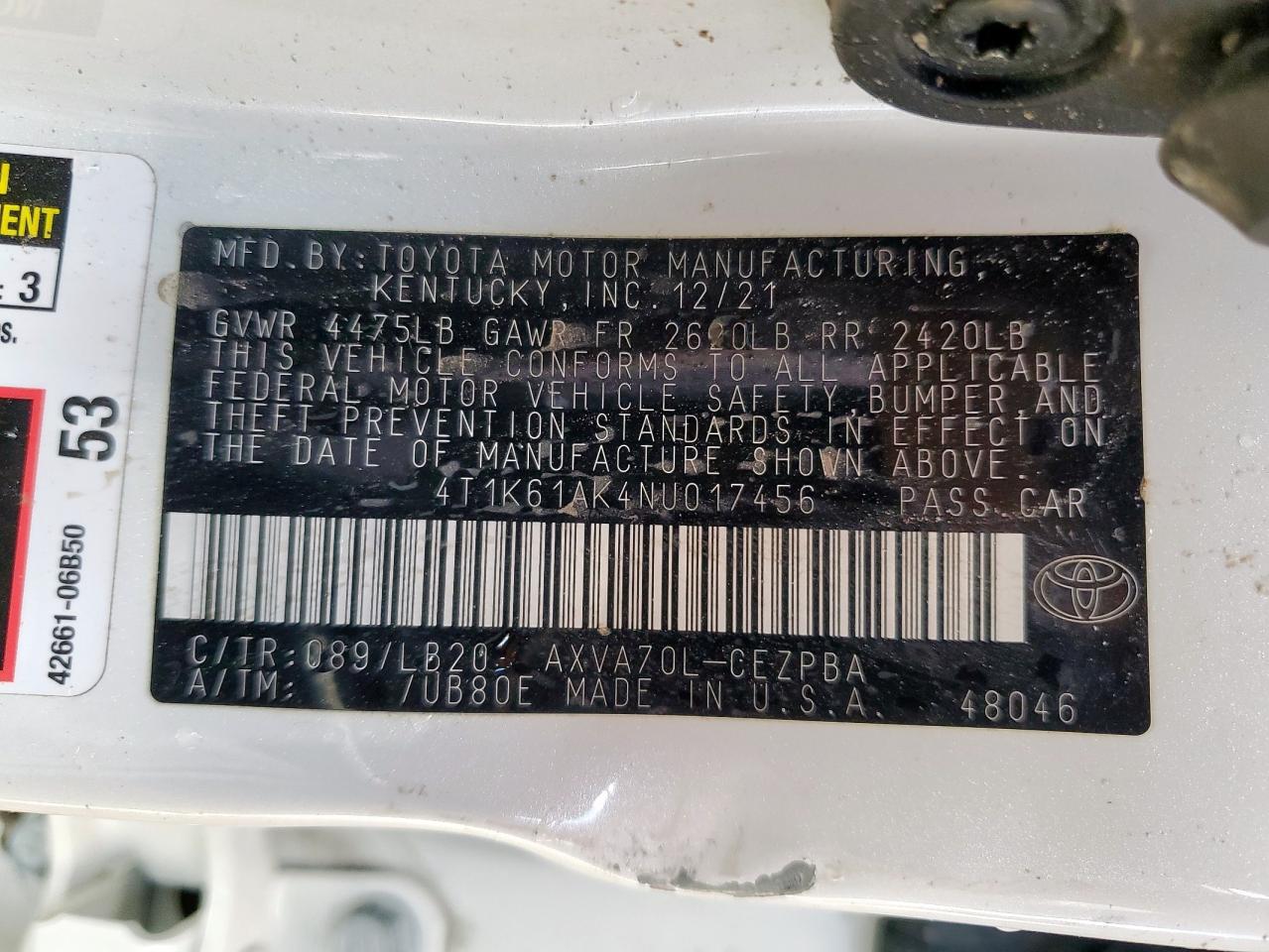 2022 Toyota Camry Xse VIN: 4T1K61AK4NU017456 Lot: 58688095