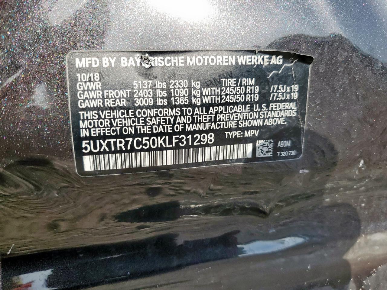 2019 BMW X3 Sdrive30I VIN: 5UXTR7C50KLF31298 Lot: 60819035