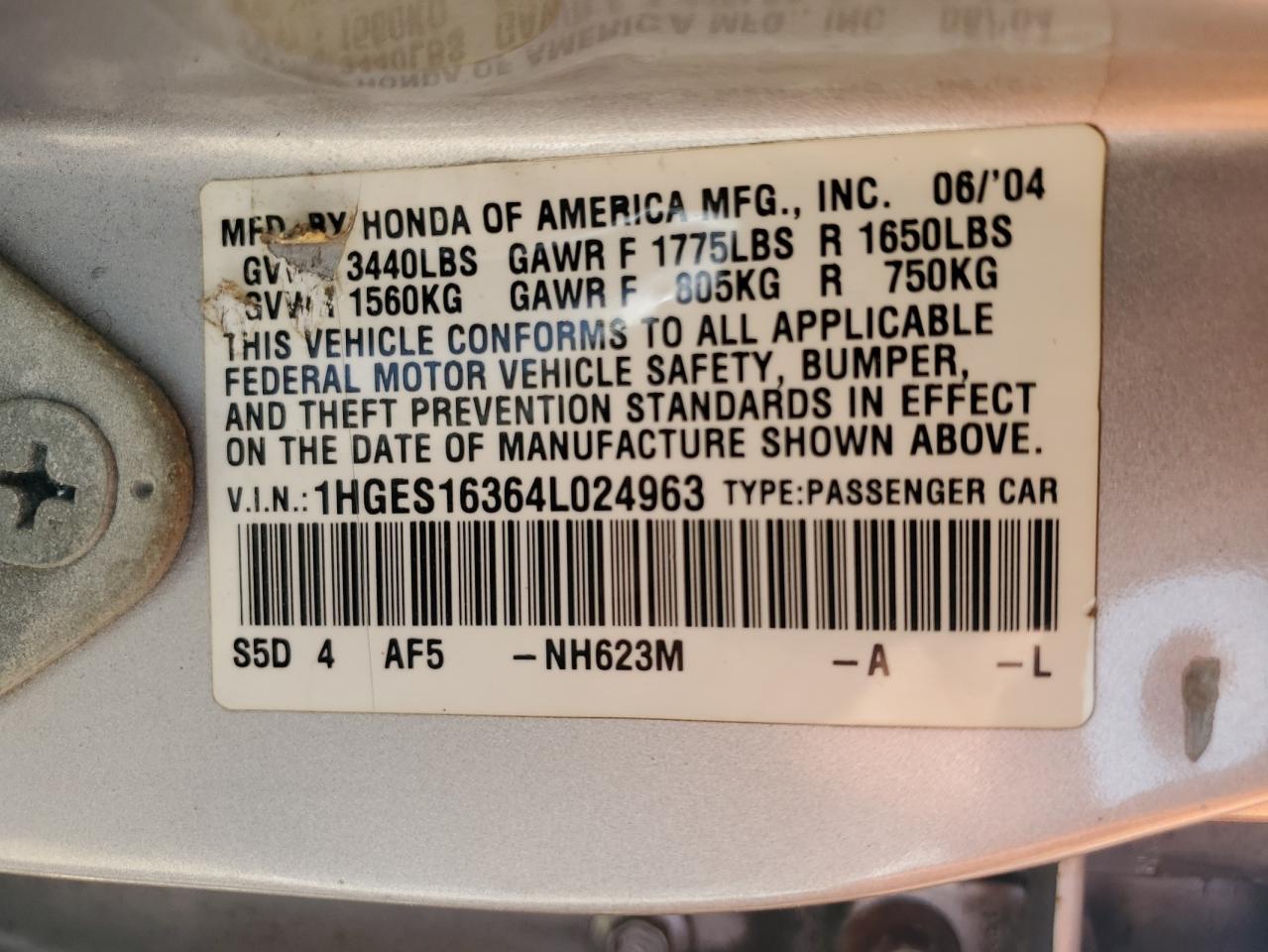 2004 Honda Civic Dx Vp VIN: 1HGES16364L024963 Lot: 59941065