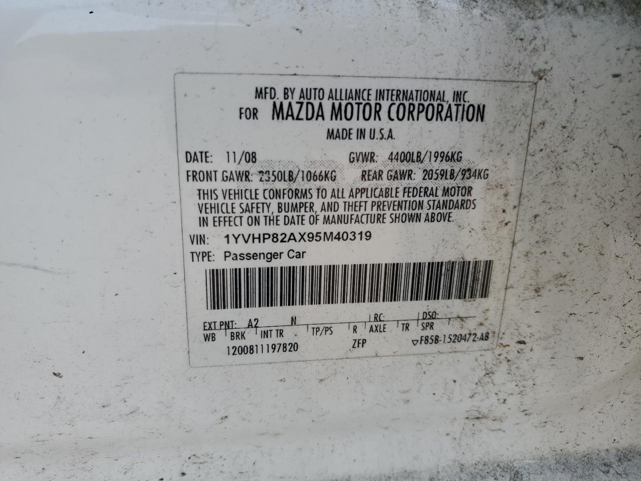 2009 Mazda 6 I VIN: 1YVHP82AX95M40319 Lot: 59763825