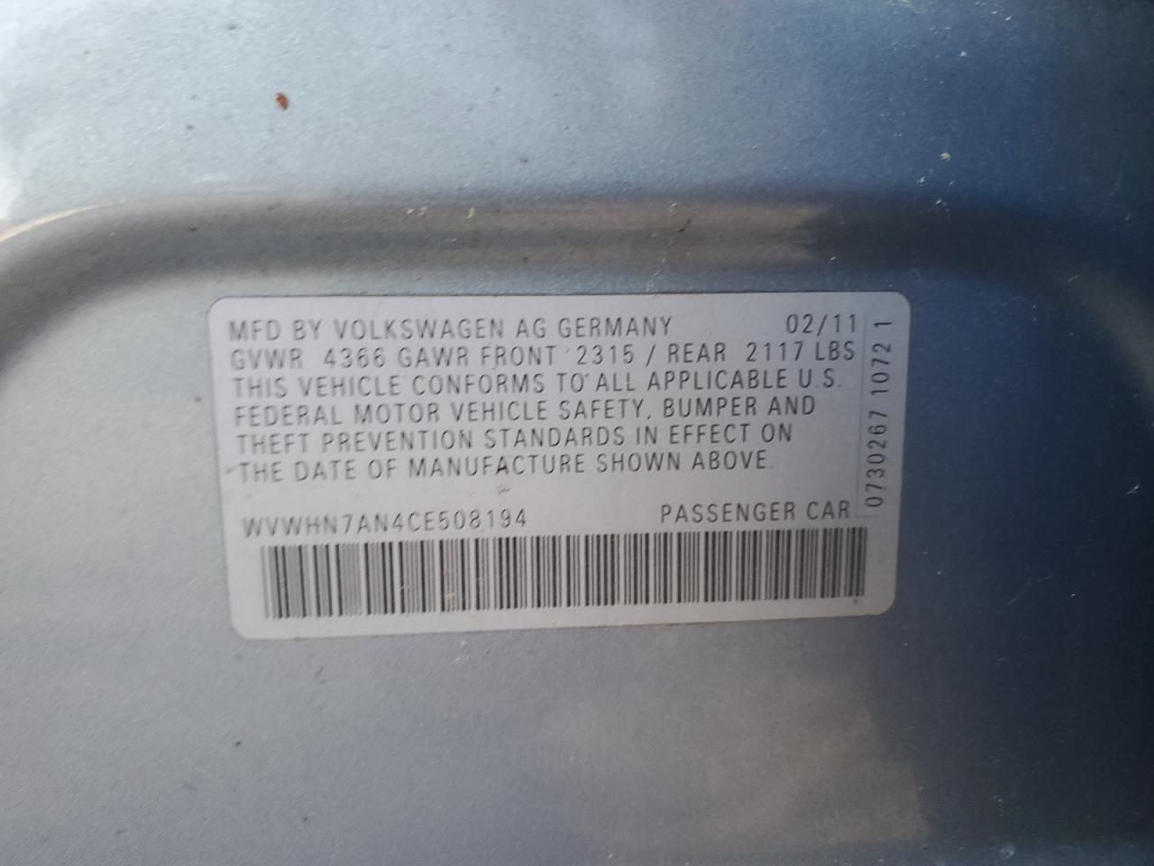 2012 Volkswagen Cc Luxury VIN: WVWHN7AN4CE508194 Lot: 61873795