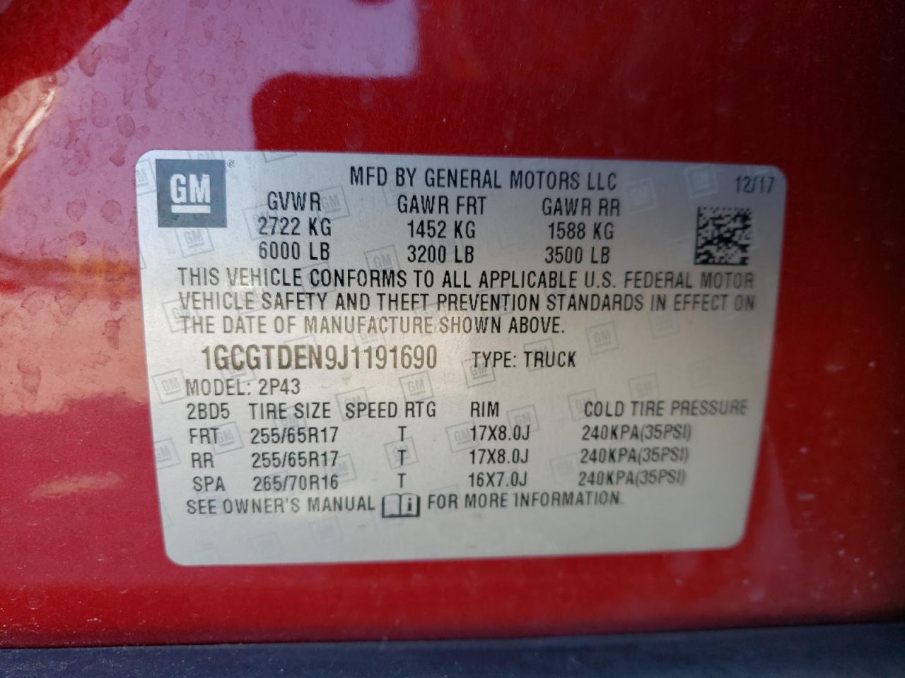 2018 Chevrolet Colorado VIN: 1GCGTBEN9J1191690 Lot: 60417455