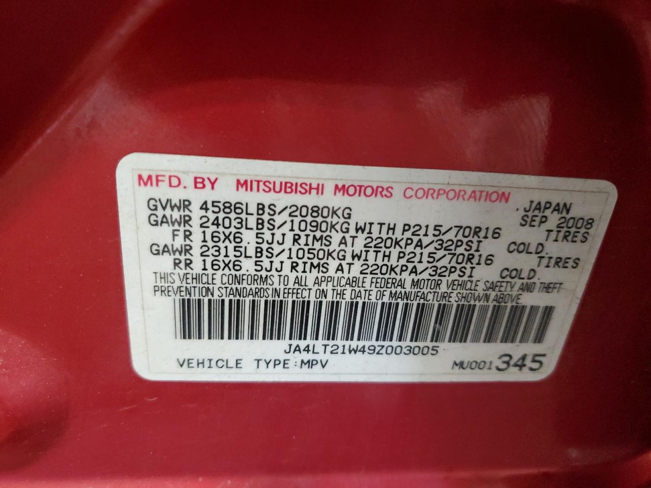2009 Mitsubishi Outlander Es VIN: JA4LT21W49Z003005 Lot: 60720535