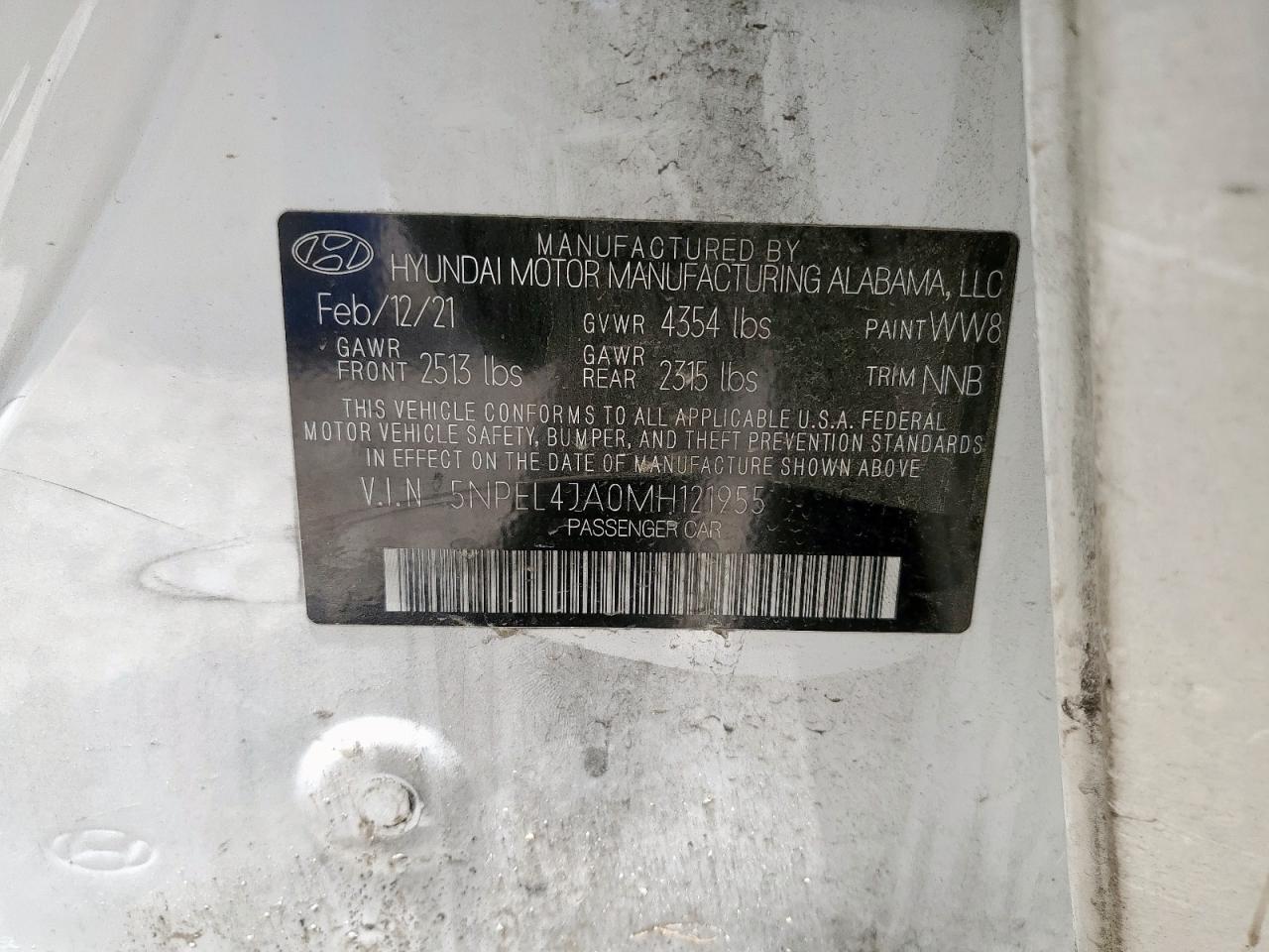 2021 Hyundai Sonata Sel VIN: 5NPEL4JA0MH121955 Lot: 63165035
