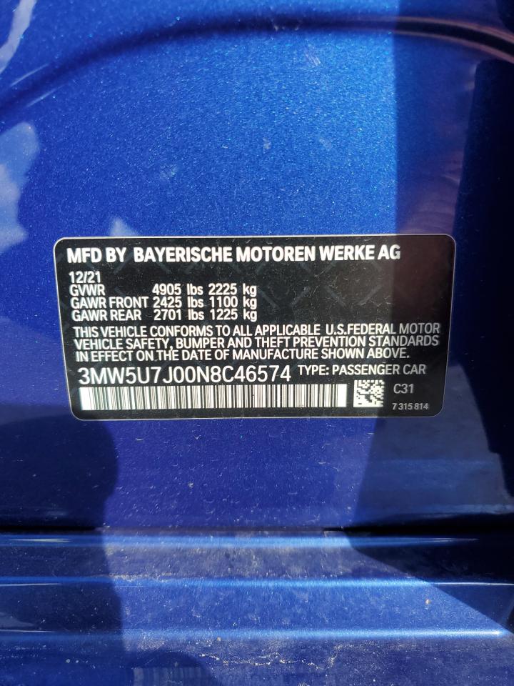 2022 BMW M340I VIN: 3MW5U7J00N8C46574 Lot: 61911655