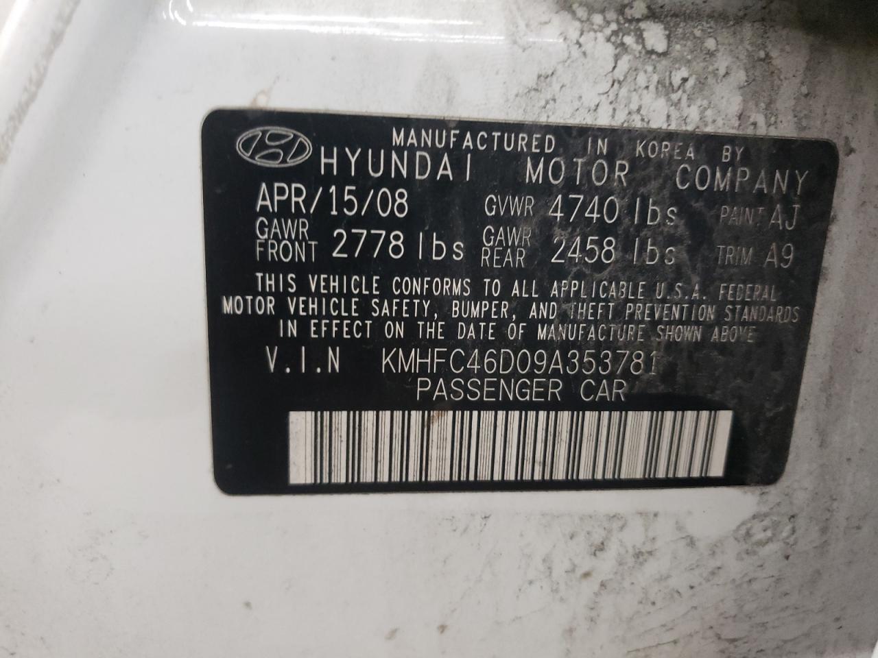 2009 Hyundai Azera Gls VIN: KMHFC46D09A353781 Lot: 62323855